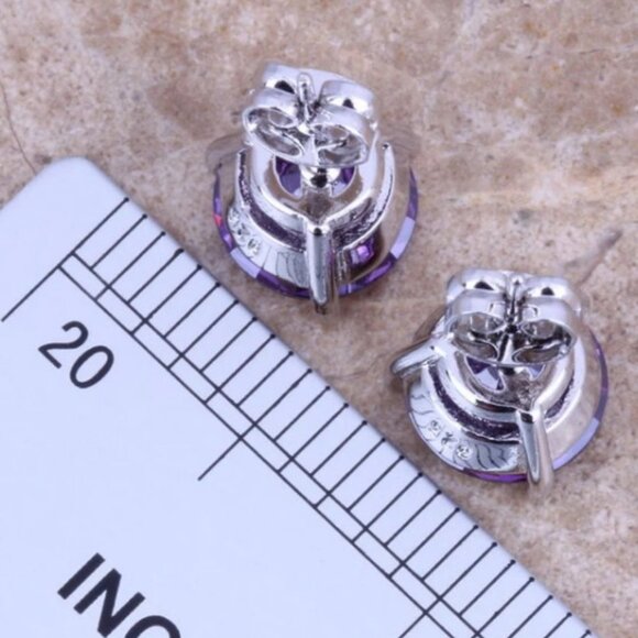 Jewelry earrings amethyst purple round 3-prong stud studs simple elegant new - Picture 2 of 2